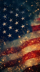 American flag glows with fiery celebratory fireworks light