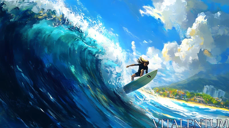 Dynamic surf rider on cresting wave, expressive digital seascape.