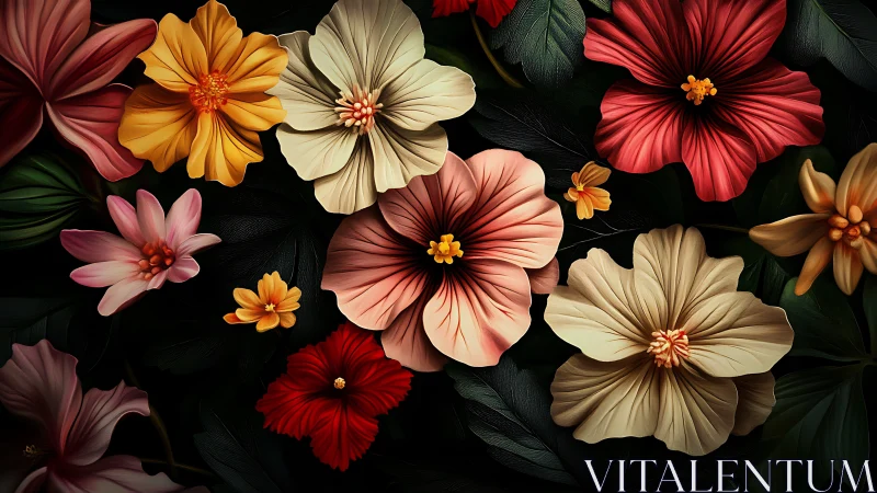 Vibrant Botanical Arrangement Against Dark Background.