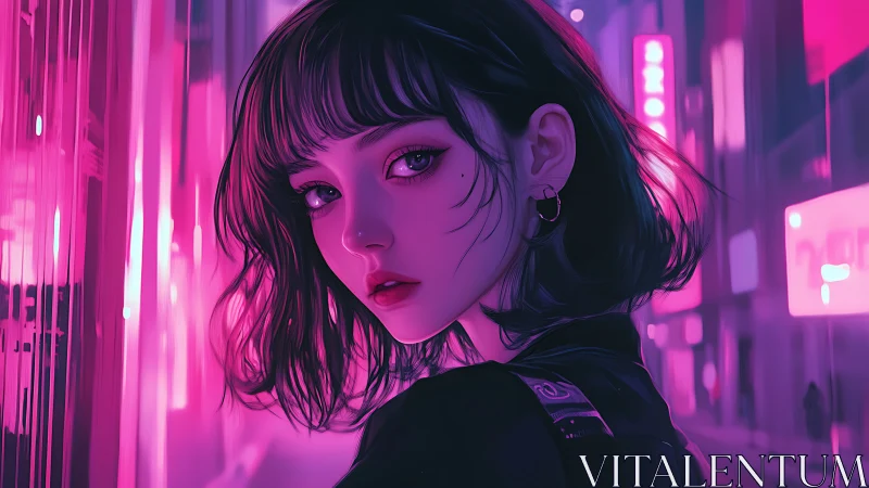 Neon city portrait captures solitary girl in magenta glow.