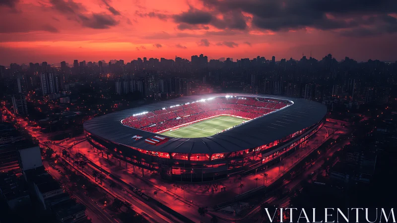 Floodlit football stadium glows against a dramatic red sunset