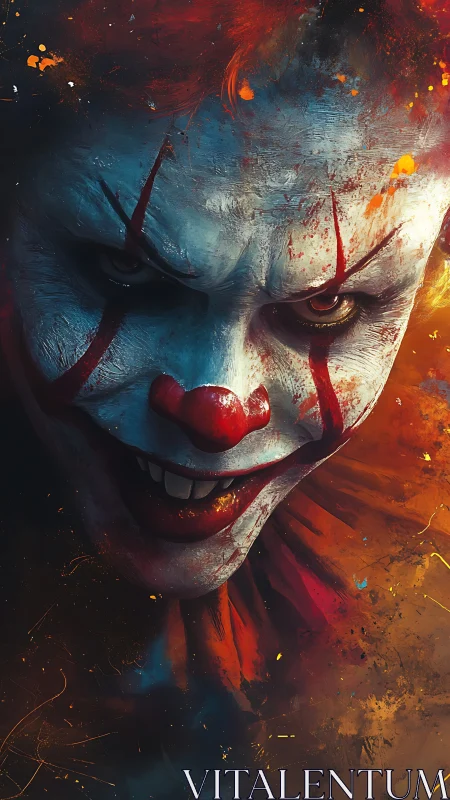 Sinister clown portrait glows through chaotic firestorm