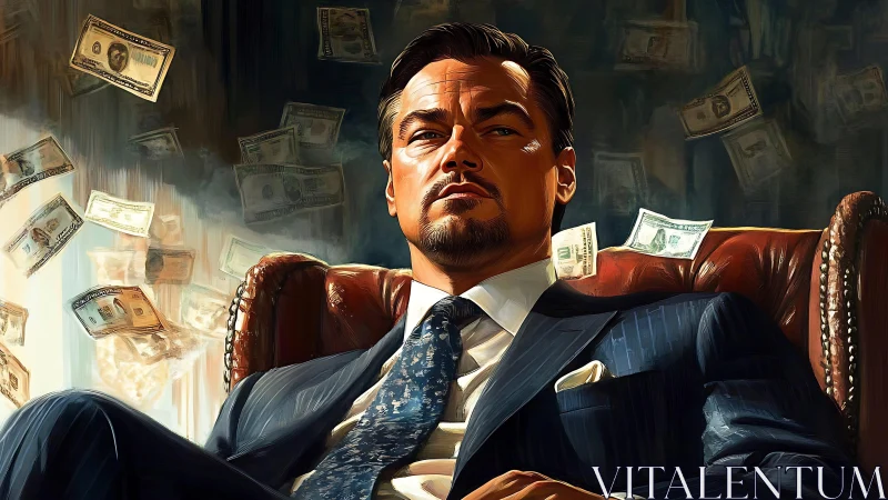 Confident boss in a storm of flying money and bold color.