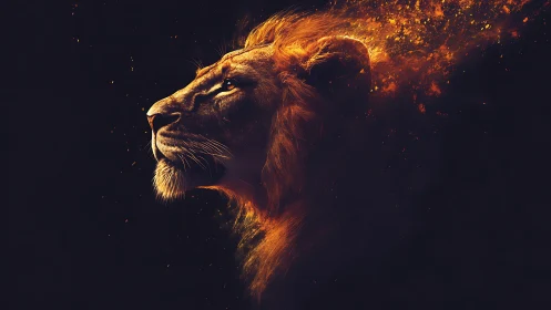 Profile of lion head dissolving into fiery abstract particles.
