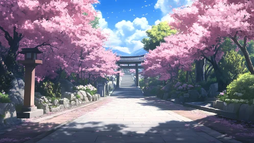 Sakura-lined temple approach under clear spring sky perspective.
