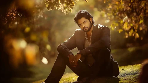 Autumn backlit portrait of seated man in tailored suit outdoors.