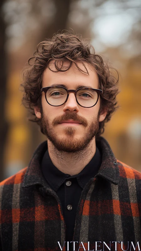 Bearded man in plaid coat under autumn bokeh light portrait.