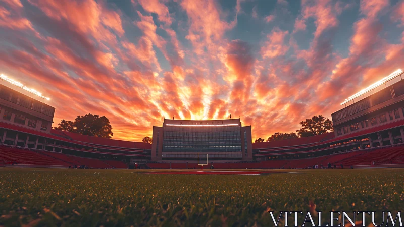 Glowing sunset sky embracing a quiet football stadium field.