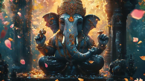 Elephant-headed deity statue rendered in glowing digital detail
