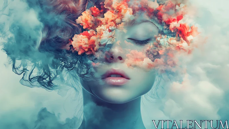 Surreal female portrait merging face, clouds, and flowers.