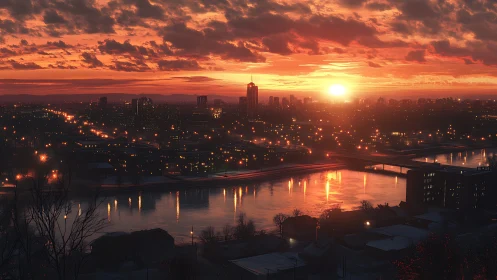 Sunlit city skyline over river under vivid sunset glow.