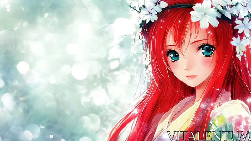 Red haired anime girl in floral kimono with soft bokeh field