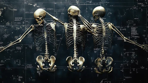 Three skeletal figures align against dark technical schematics
