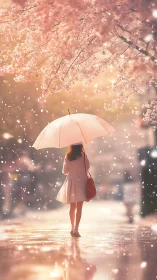 Umbrella pilgrim wandering under blushing cherry snowfall.