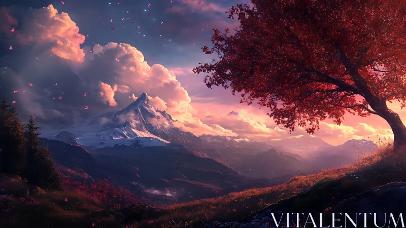 Digital painting of crimson tree against alpine dusk panorama.