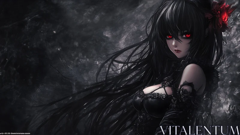 Dark-haired figure with red eyes stands in textured space