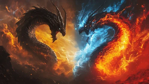 Opposed fire and ice dragons in mirrored confrontation.