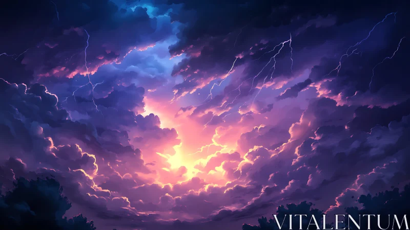 Electrified cumulonimbus sky with violet storm backlighting