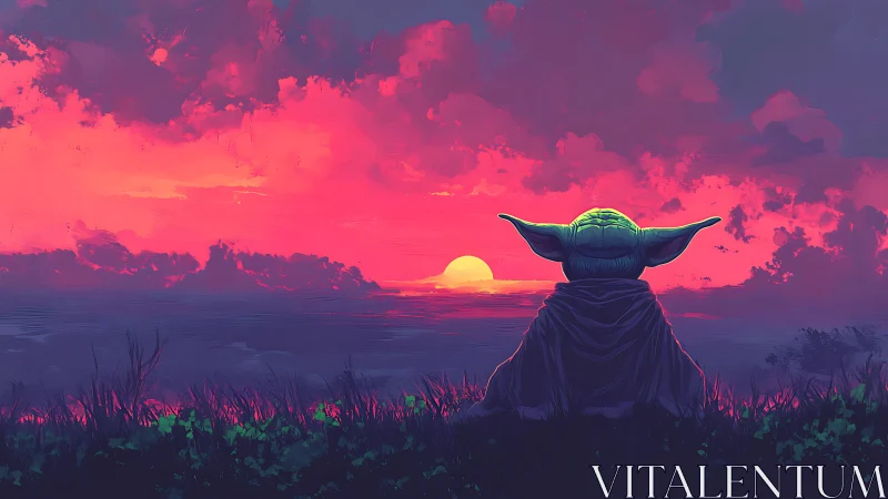 Small robed alien watches neon sunset over distant sea.