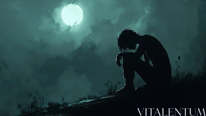 Lunar backlit silhouette of solitary figure on nocturnal ridge.