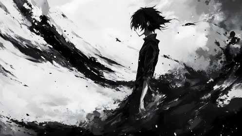 Inkstorm drifter walks through swirling monochrome chaos.