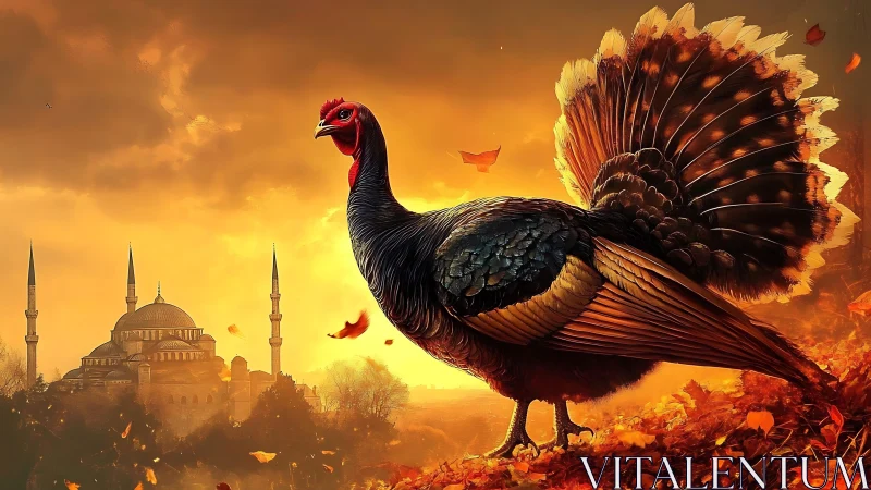 Autumn-lit hybrid turkey before domed skyline at sunset.