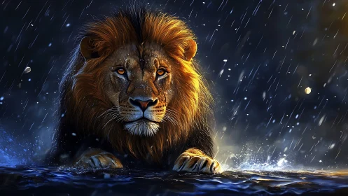 Powerful lion crouching in rainstorm over dark water.