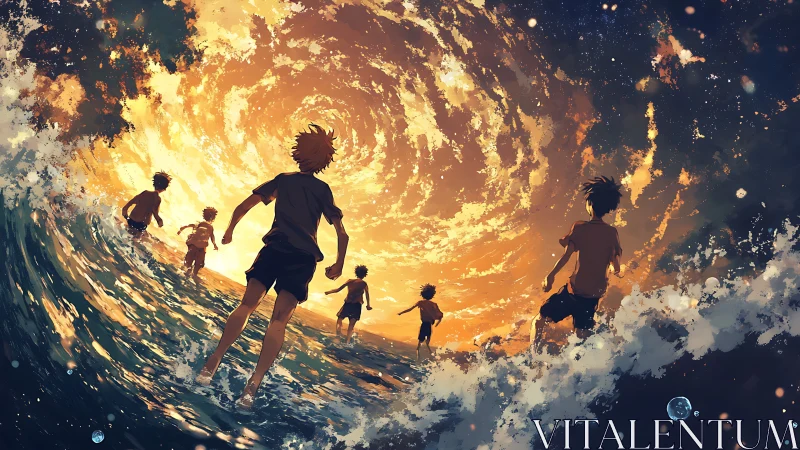 Youth silhouettes race toward swirling cosmic sunset portal.