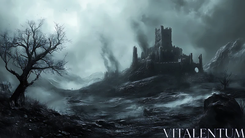 Storm-lashed ruined fortress dominates fog-choked volcanic valley