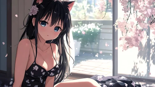 Anime catgirl in floral dress resting by sunlit balcony window