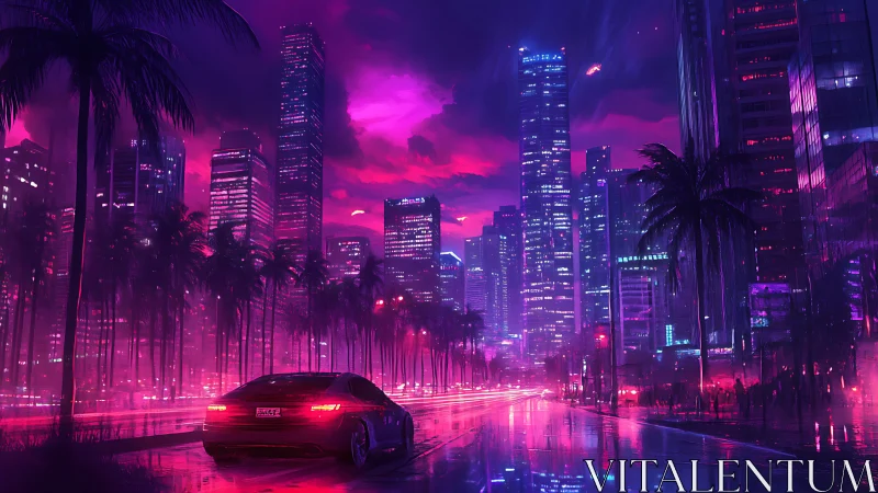 Neon-soaked coastal megacity boulevard with retro sports car