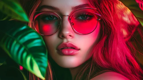 Neon-lit portrait of a woman in jungle leaves radiates allure