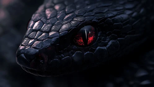 Close-up study of dark scaled serpent with red reflective eyes.