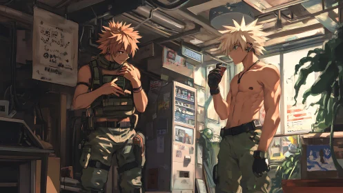 Sunlit garage hangout with two relaxed anime soldiers.