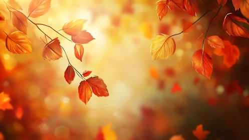 Autumn foliage glows against diffuse golden bokeh background