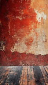 Weathered red plaster wall with distressed wood floor surface.