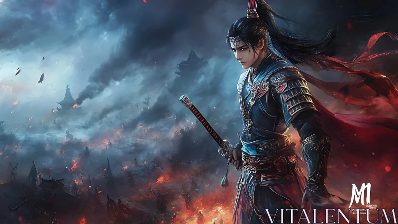 Armored warrior overlooking stormlit battlefield inferno.