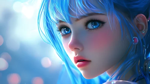 Blue haired anime girl gazes back with luminous crystal eyes