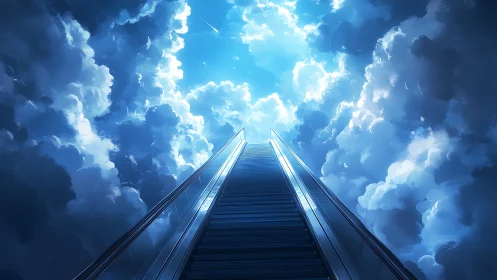 Escalator ascends into radiant cloudscape under luminous sky