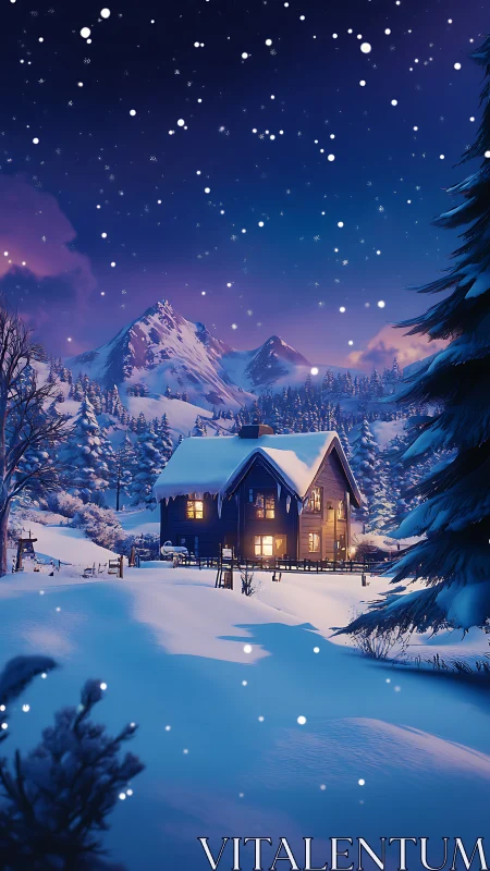 Nocturnal alpine chalet under dynamic snowfall simulation.