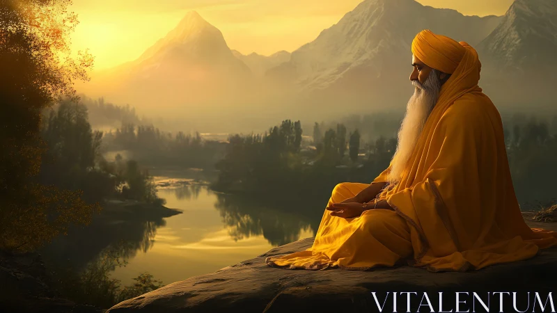 Golden-robed sage meditating by alpine lake at sunrise.