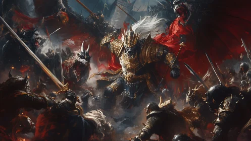 Armored central warrior confronts encircling soldiers in melee