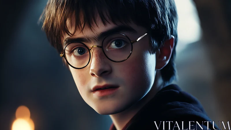 Young bespectacled boy in soft cinematic close-up portrait.