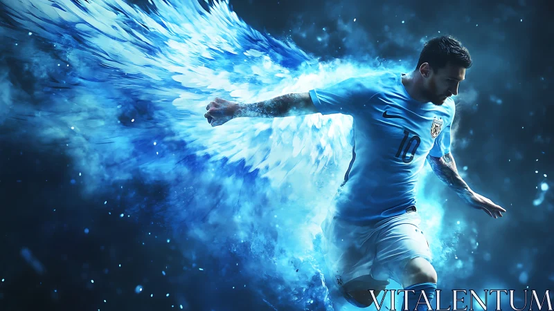 Digital football figure with abstract blue winged motion.