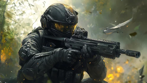 Futuristic soldier moves through glowing forest battleground.