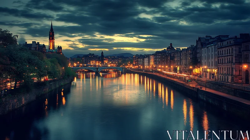Evening river city glows softly under a moody blue sky
