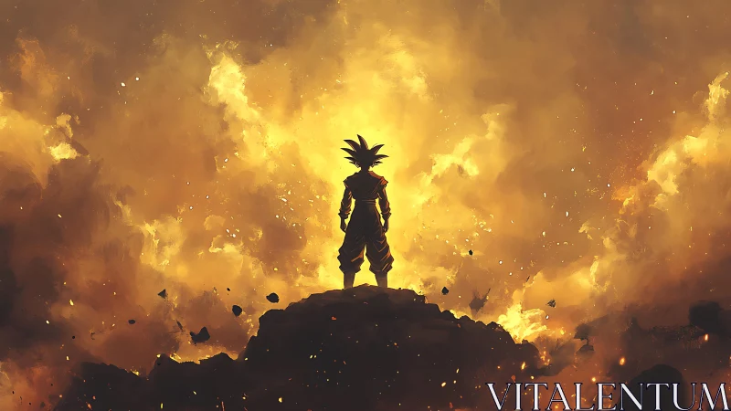 Lone warrior silhouette stands before blazing golden sky