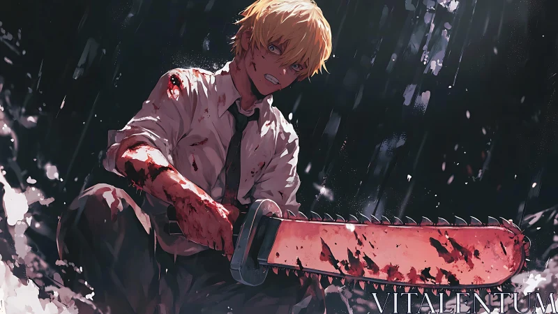 Bloodied anime boy grips chainsaw in dark rain scene.