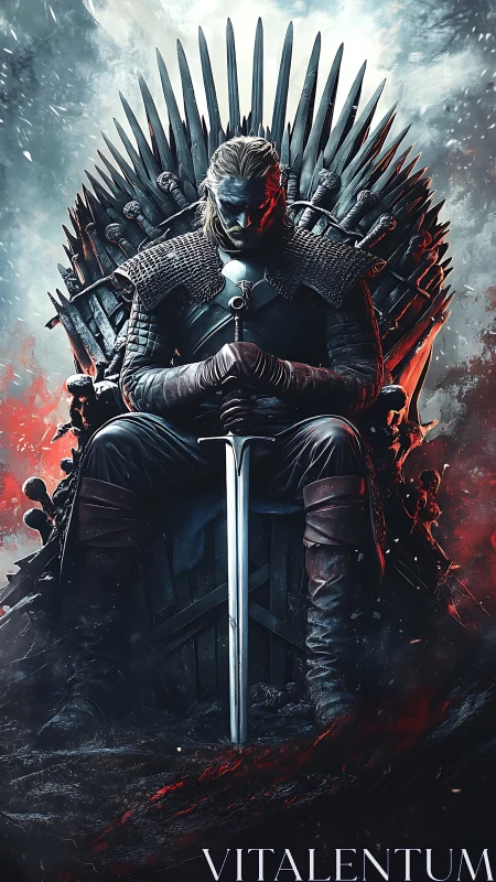 Steel-crowned warrior broods on a storm-lit throne of blades