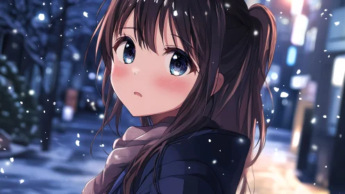 Snowlit city pauses while a wistful gaze catches falling night